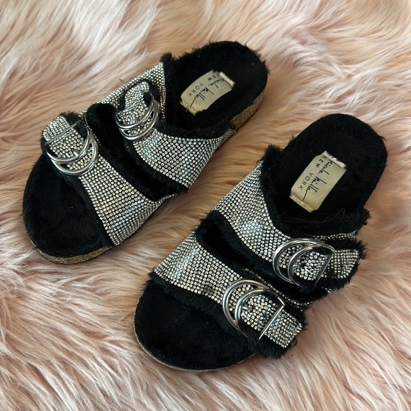 Nicole Miller New York Sparkle Jewel Studded Buckle Girly Slides Sandals - Picture 3 of 6
